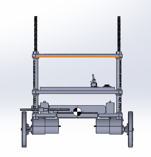 Front view of the robot CAD model showing the chassis layout and center of mass.