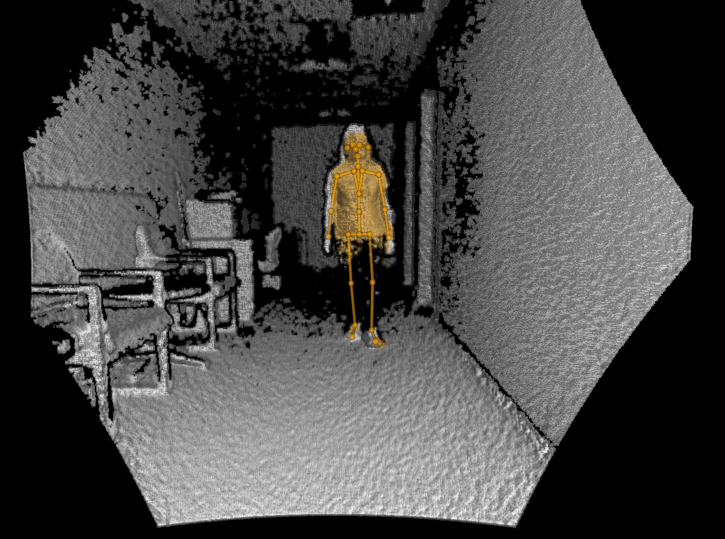 Extracted body skeleton overlaid on the depth-camera point cloud