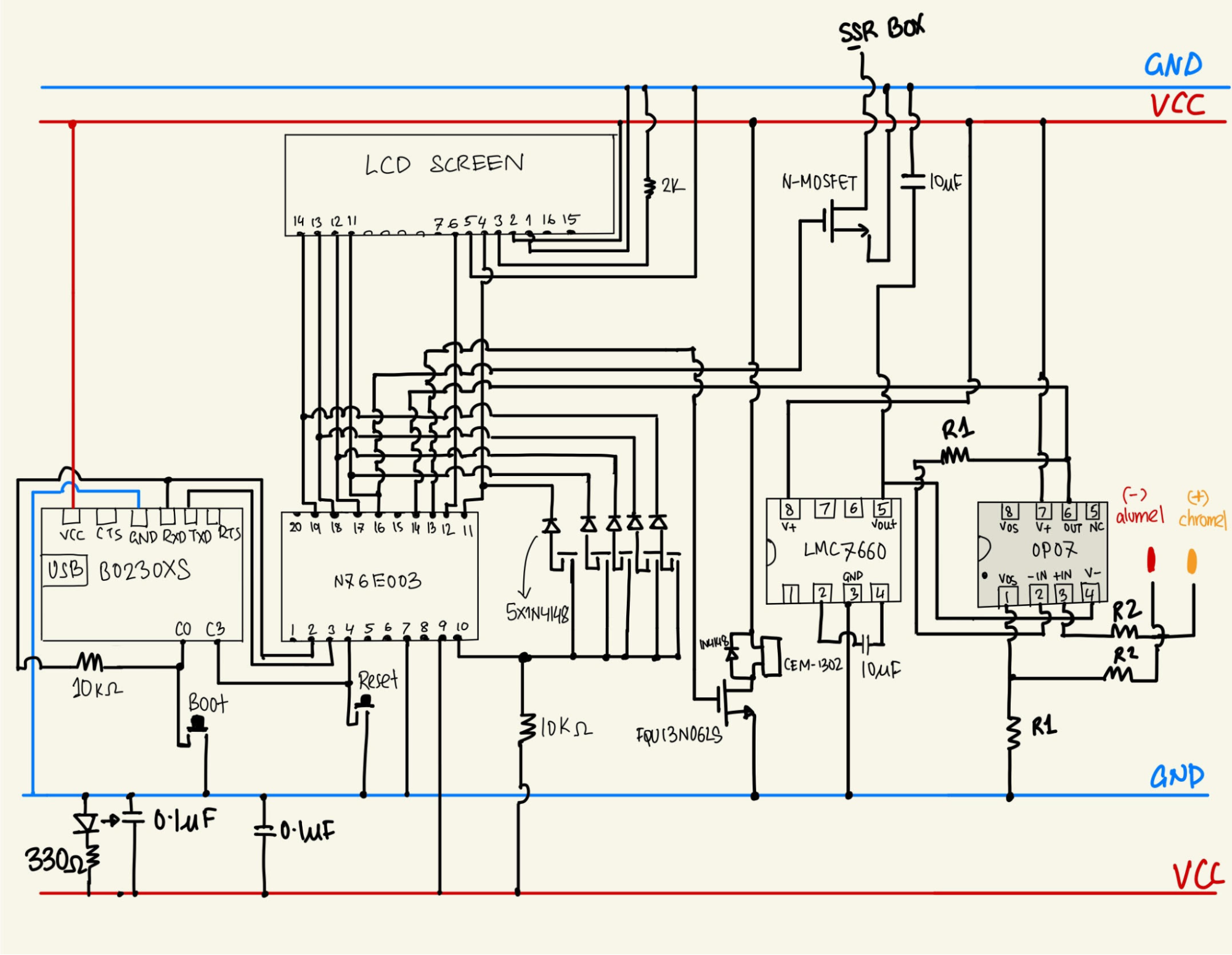The detailed schematic of the circuit on the breadboard
